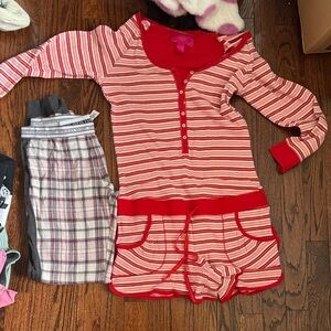 Victoria's Secret Red and Cream Striped Girls' Hooded Romper Pajama Set